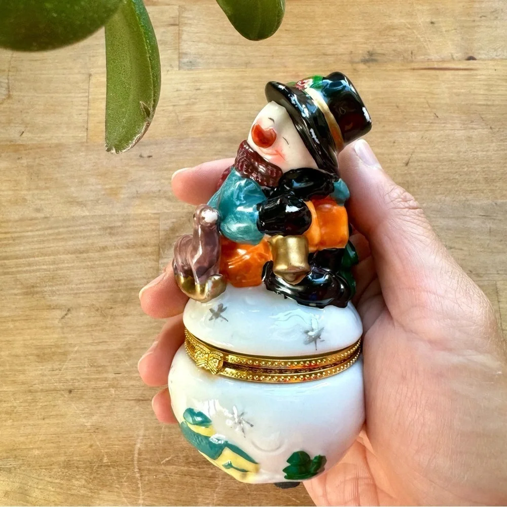 Vintage Cermaic Glazed Snowman Jewelry Trinket Box